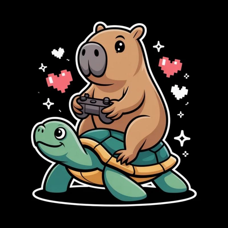 Gamer duo capybara on turtle