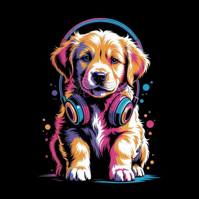 Golden Retriever Welpe mit Kopfhörer