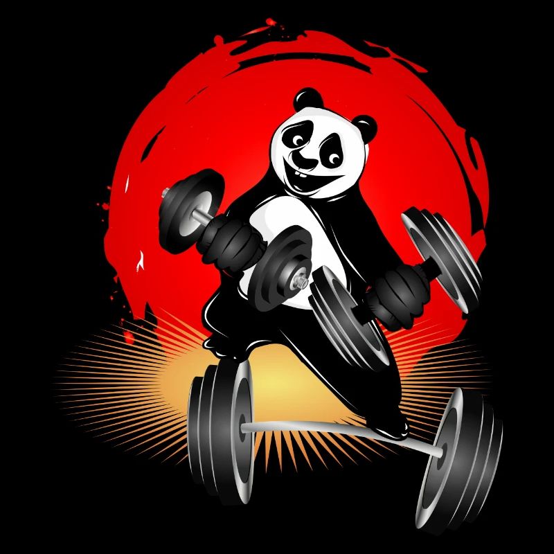 Bodybuilder panda bear with dumbbells while exercising