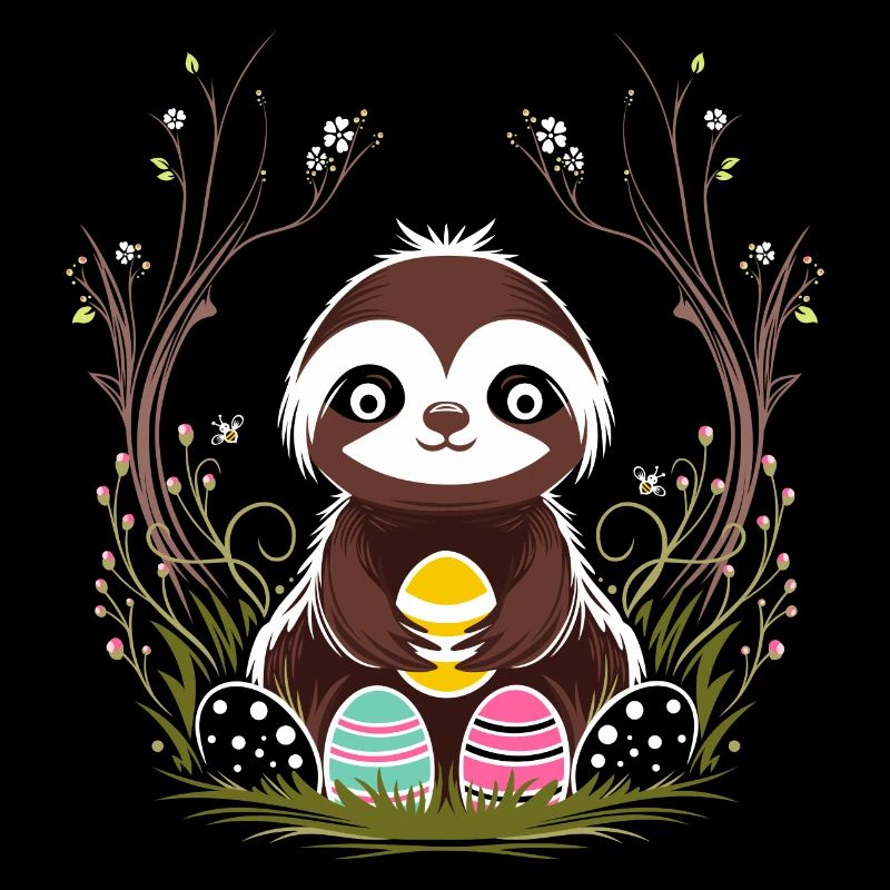 Easter Sloth with Easter Eggs in Spring