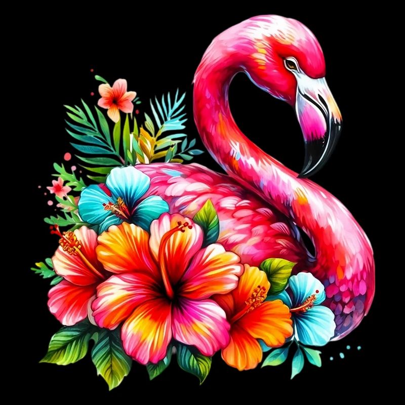 Flamant rose décoré de fleurs d’hibiscus
