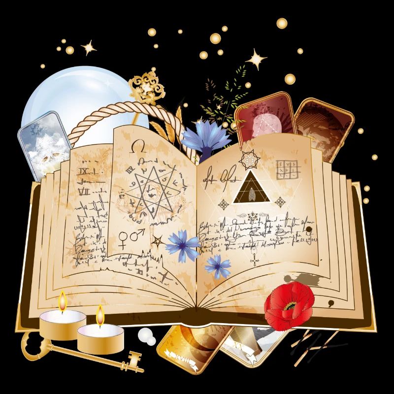 old book with spells & magic accessories