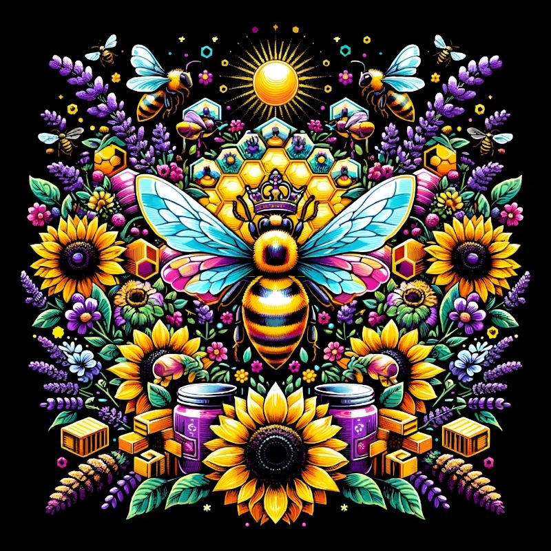 Lebhaftes, farbenfrohes Kunstwerk mit Bienen