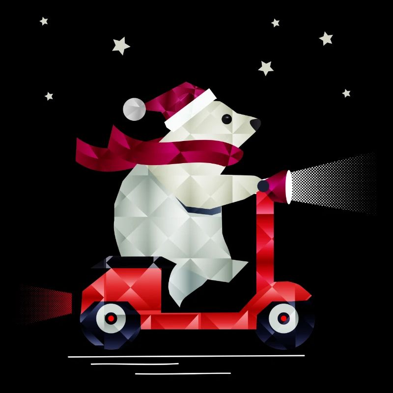 Eisbär im Weihnachtsoutfit auf einem Roller