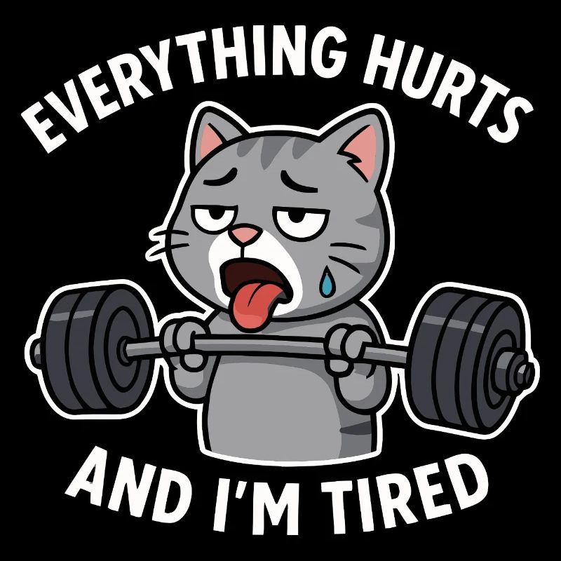 Exhausted Cat Lifting Weights Illustration