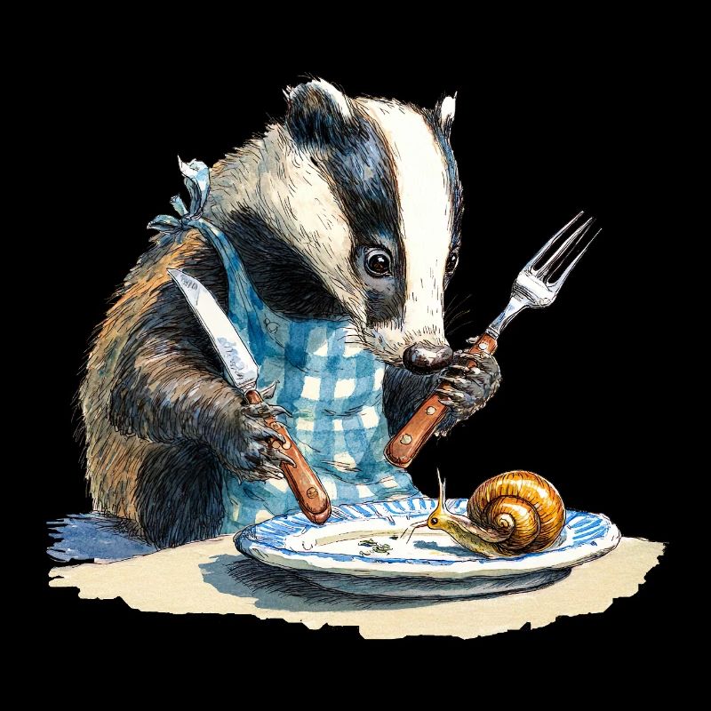 Blaireau à table avec un escargot