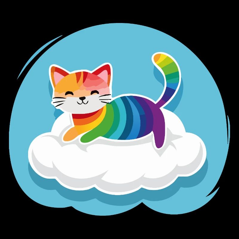 Kunterbunte Katze schwebt auf Wolke (Tag)