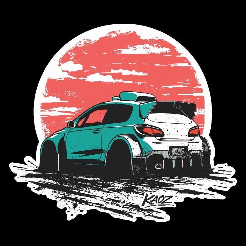 Sketch du coucher de soleil de la voiture de rallye sarcelle