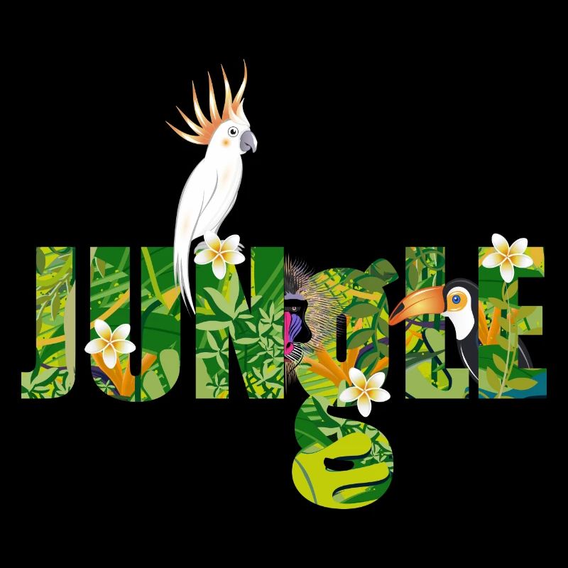 Typographie de la jungle avec cacatoès, toucan et singe
