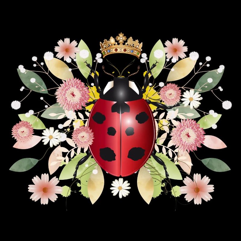 red glowing ladybug with crown and flowers