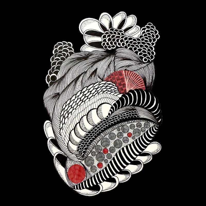 Black and white doodle with red accents