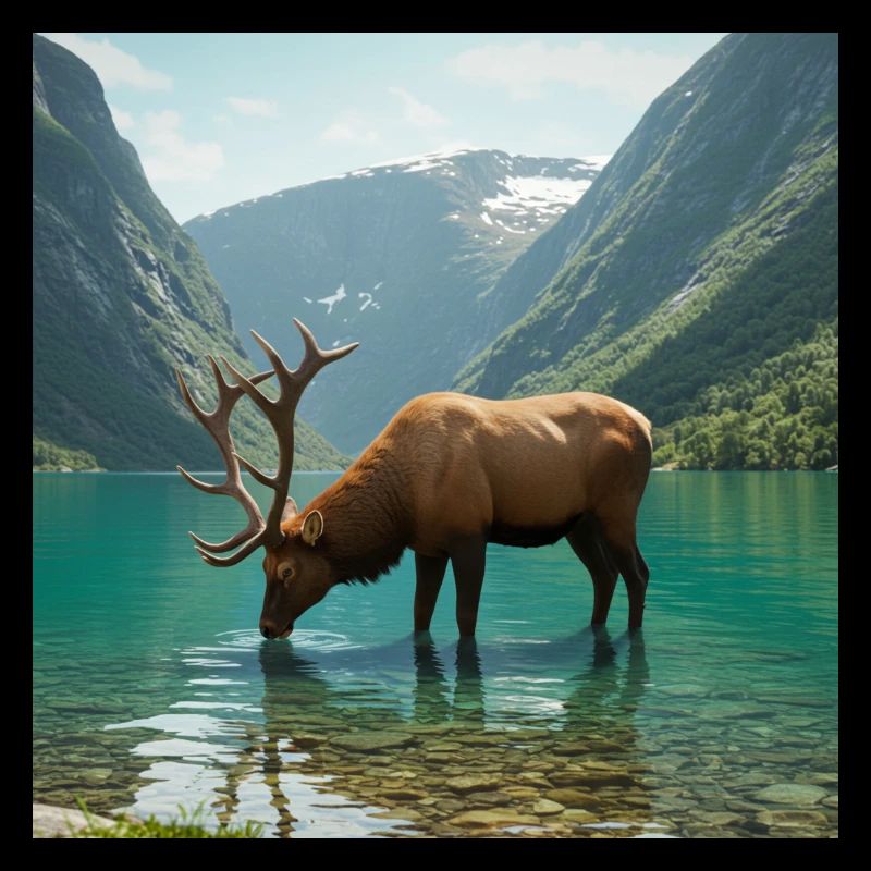 Alpine deer at the quiet lake