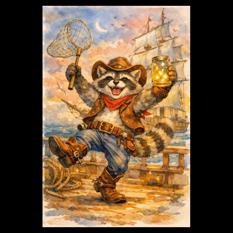 Waschbär-Cowboy mit Glühwürmchenglas