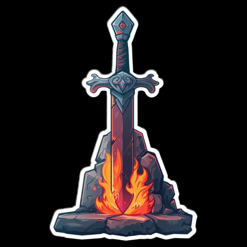 Fantasy RPG Sword with Fire in a Stone
