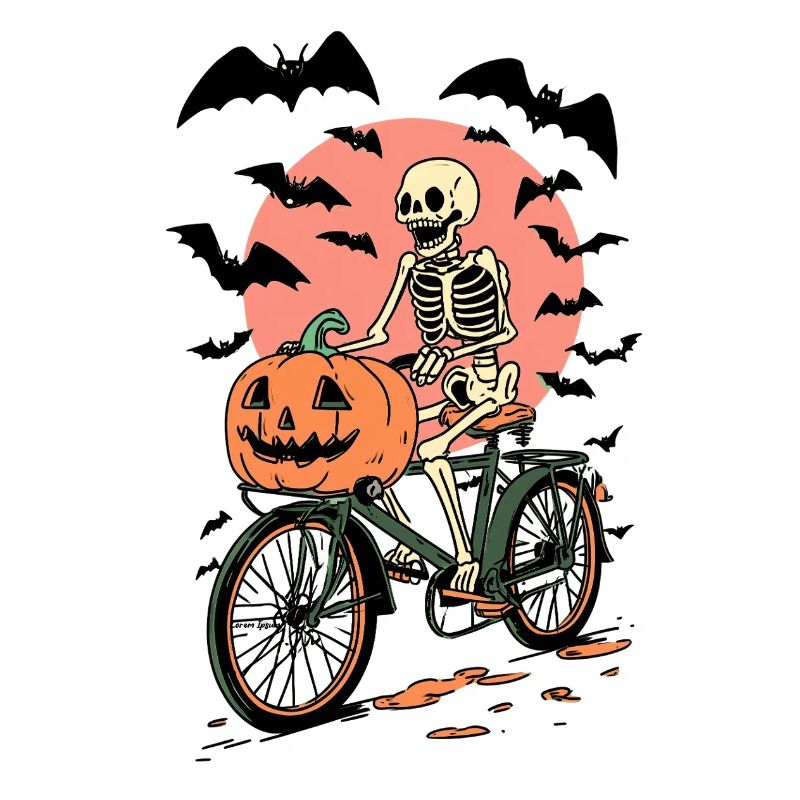 Skeleton on Bicycle with Pumpkin