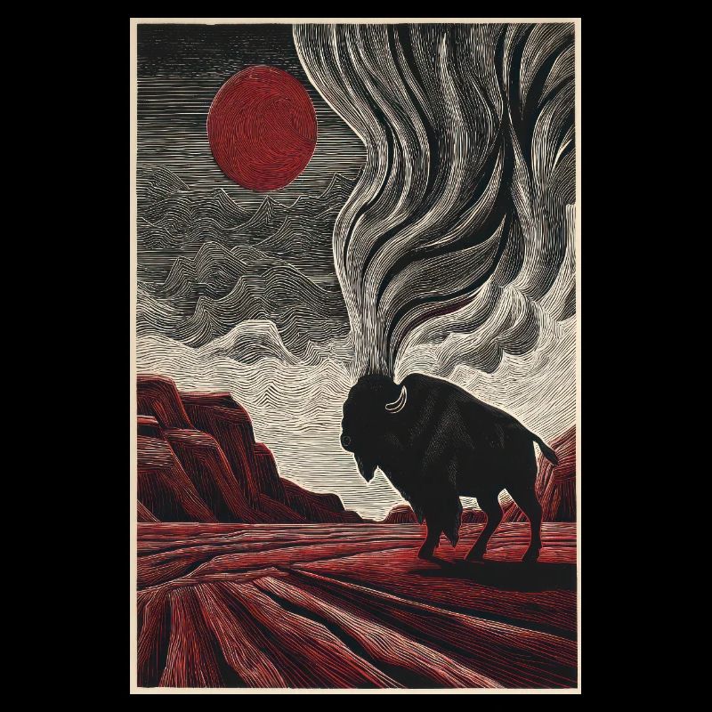 Bison Under Crimson Sun in Etched Landscape