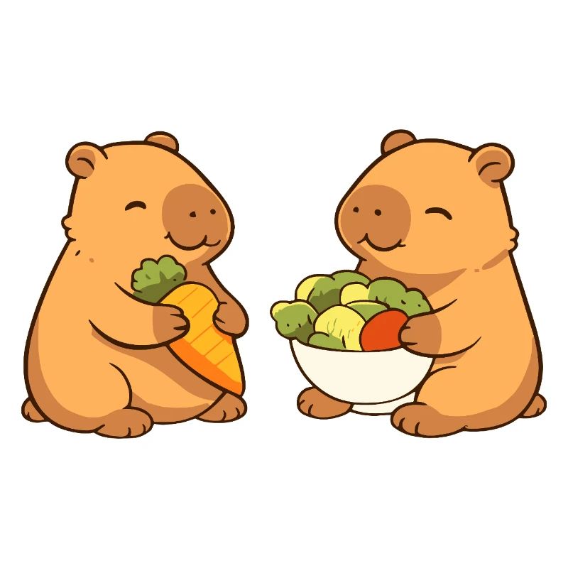 Capybara Paar mit Gemüse – entspannt & niedlich