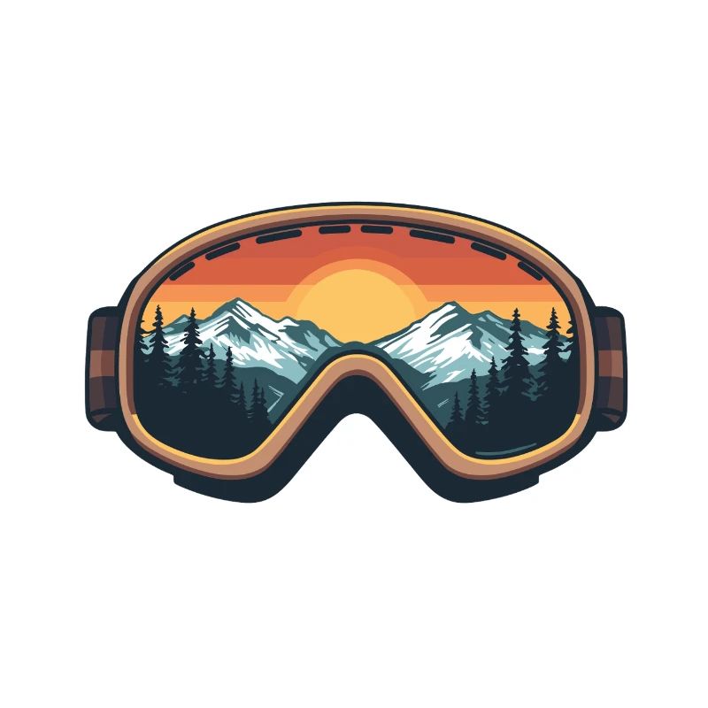 Ski goggles with mountain panorama & sunset