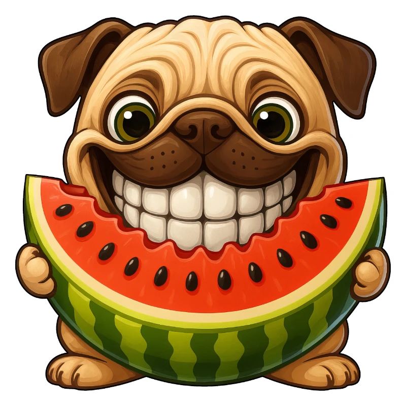 Fröhlicher Mops mit Melone Sommer Hunde Spaß