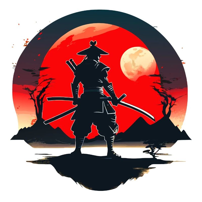 Samurai-Silhouette mit rotem Mondhintergrund