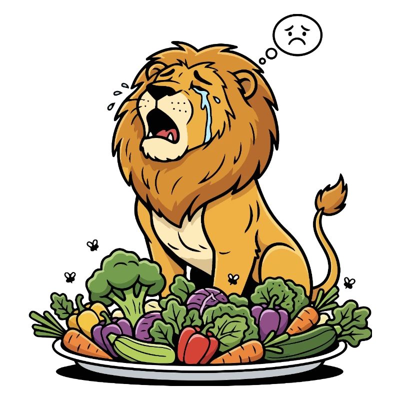 trauriger Löwe am Gemüsebuffet will lieber Fleisch