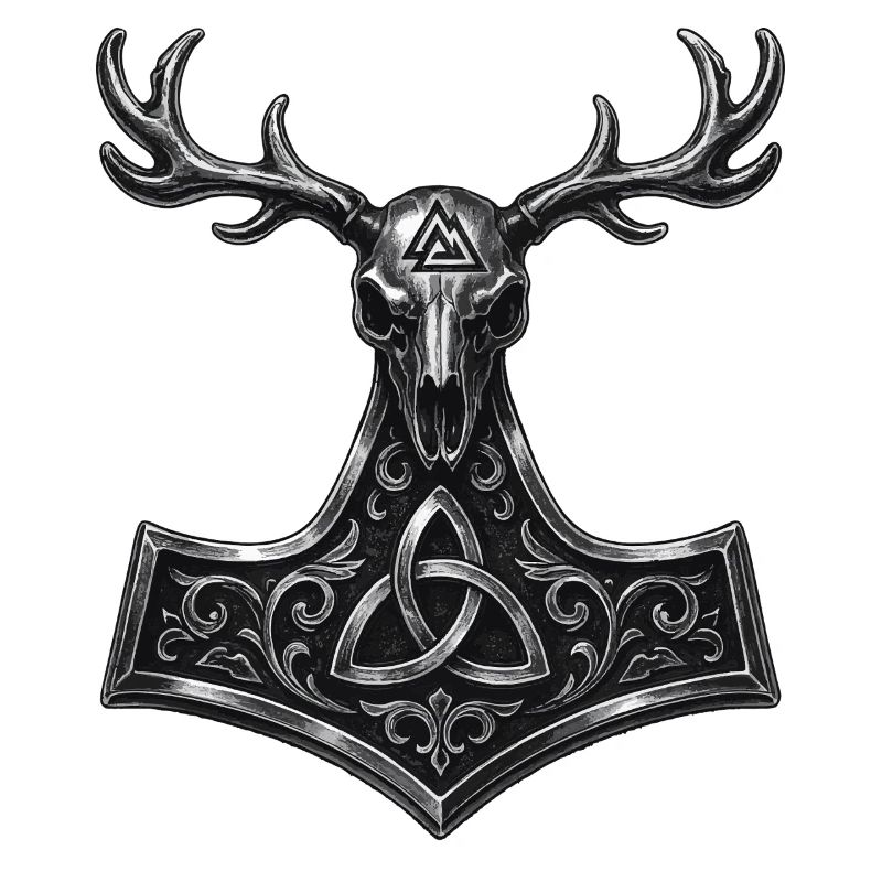 Crâne de cerf Valknut | Symbole païen de Mjölnir