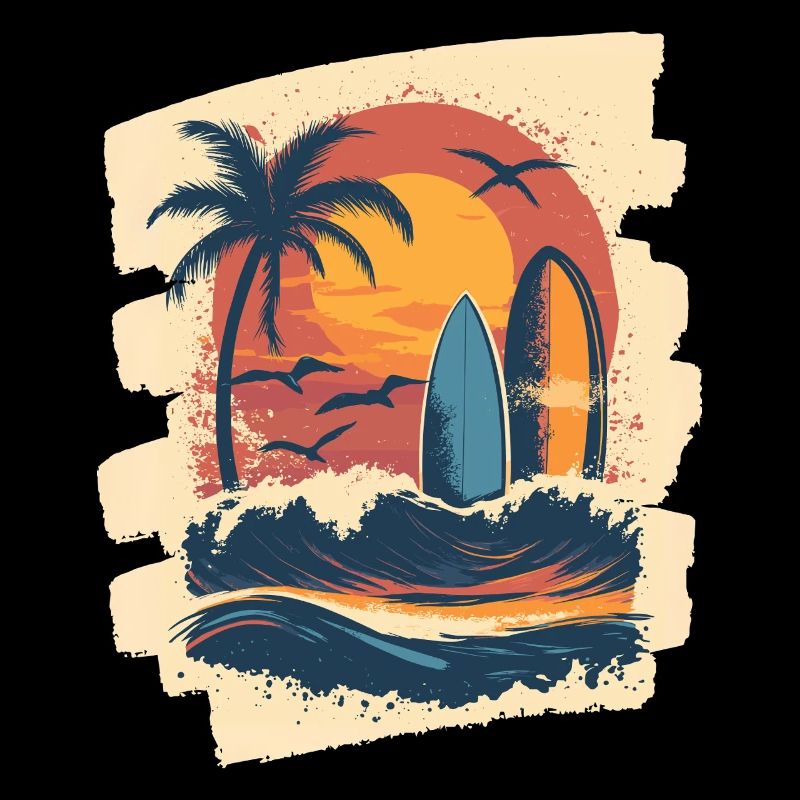 Beach Palm Trees Sunset Surfer Summer