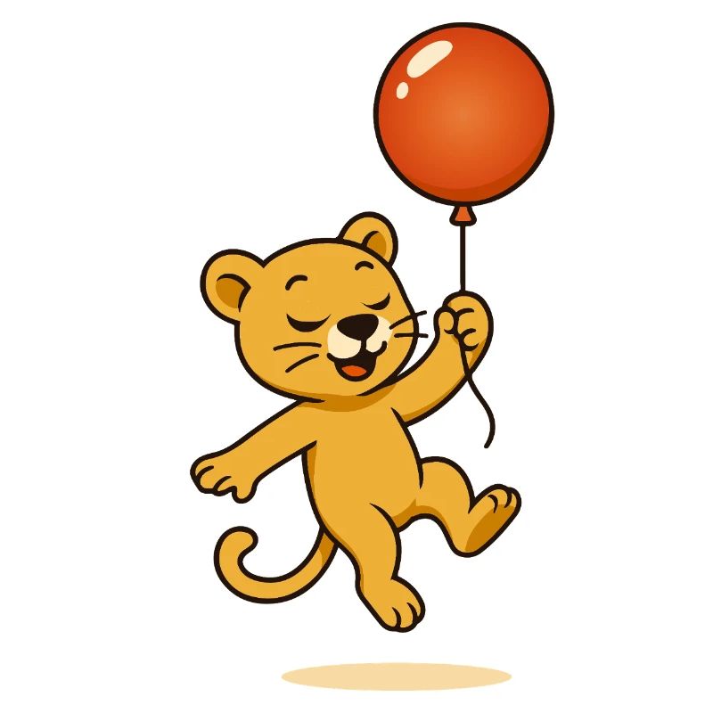 Fröhlicher Löwe mit Ballon schwebt durch die Lüfte