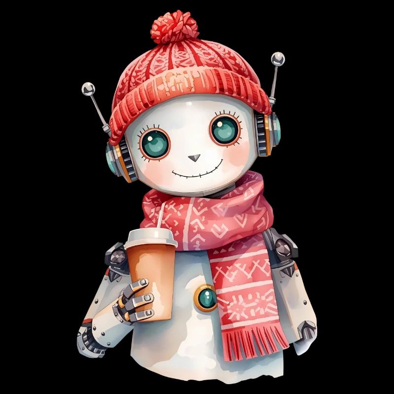 Robot aquarelle confortable avec café et écharpe d’hiver