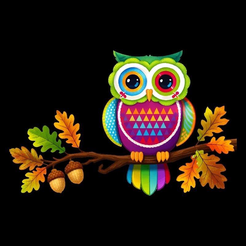 Bunte Eule auf Ast mit Herbstblättern