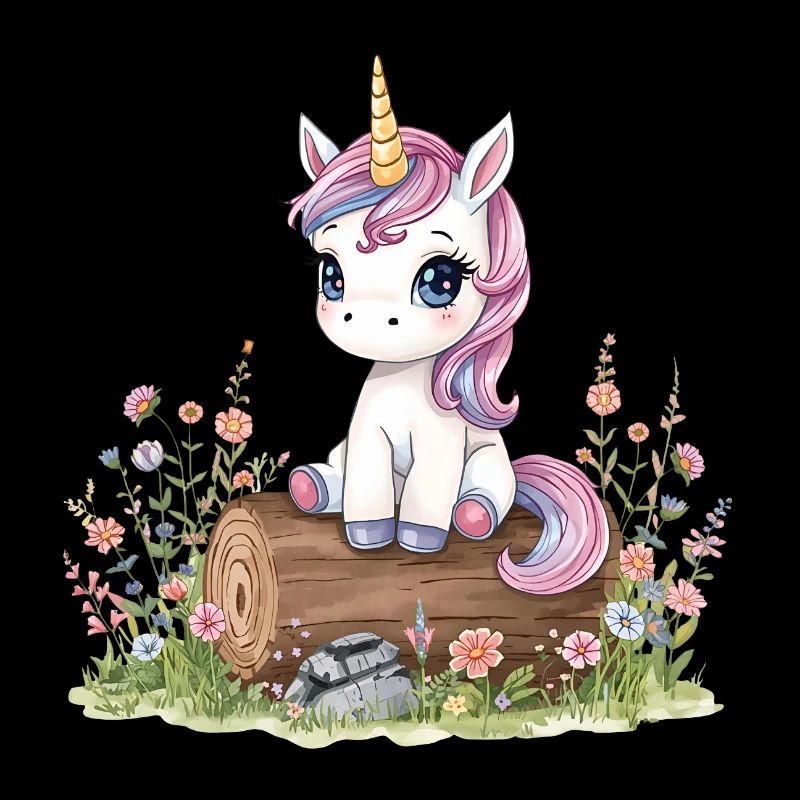 Aquarell Einhorn auf Baumstamm mit Blumen