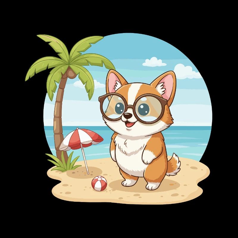 Süßer Corgi mit Brille Strandsommerurlaub