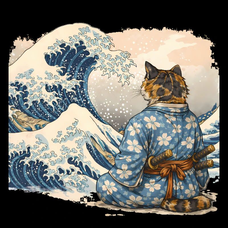 Style japonais ukiyo-e de la vague de chat samouraï
