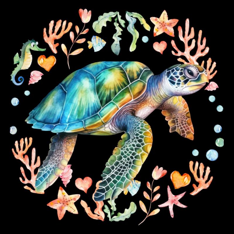 Tortue entourée de créatures marines