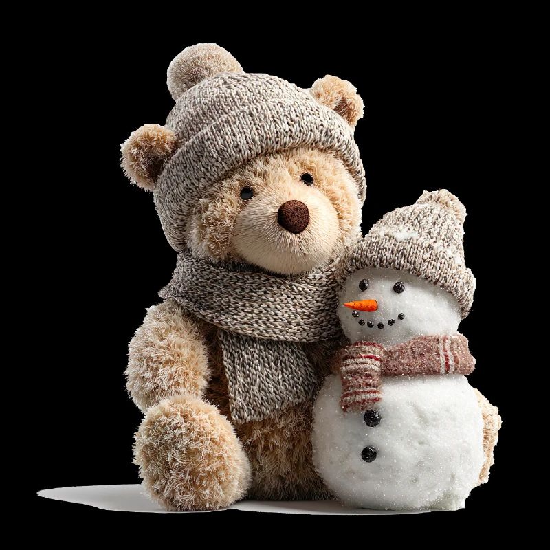 Winter cuddly bear with a snowman