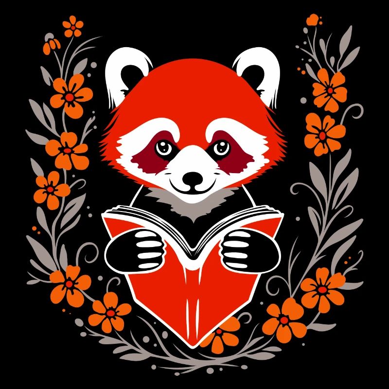 Lesender roter Panda mit Blumen – süßes Design