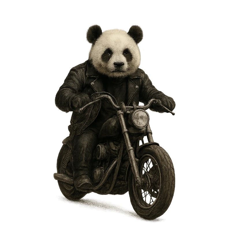 Leather Panda Biker on Motorcycle