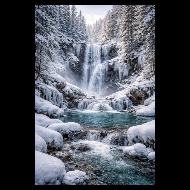 Winter waterfall in snow-covered forest