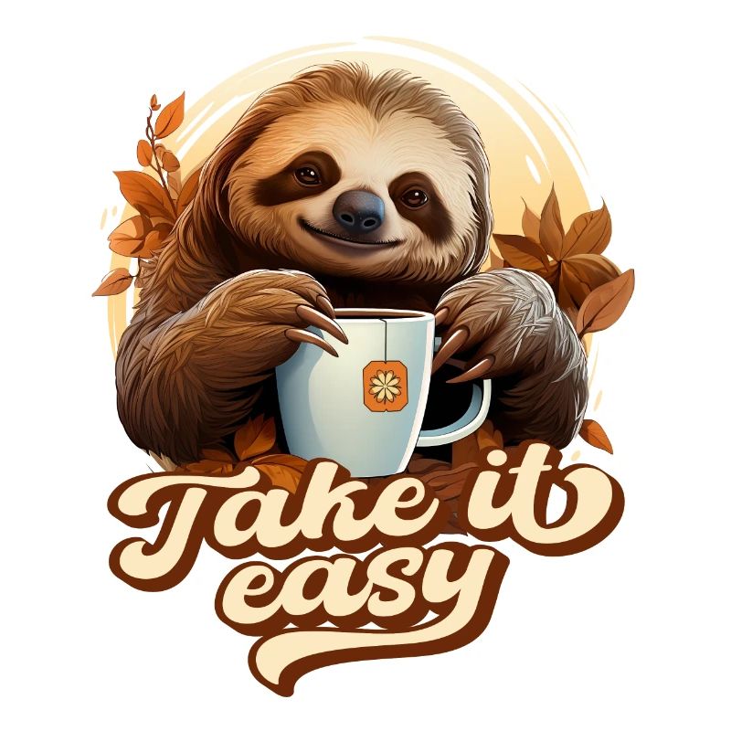 Cute Sloth Drinking Tea, Take It Easy, Saying
