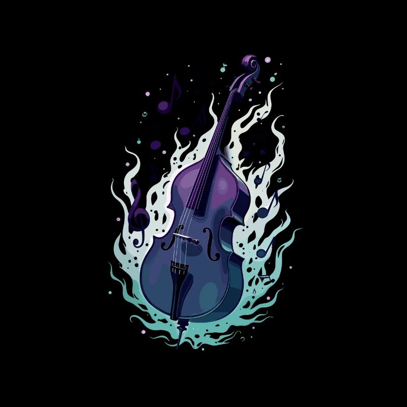 Double bass in flames with musical notes