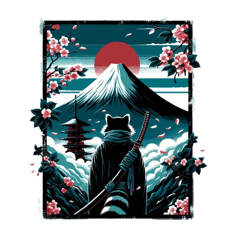 Chat avec une épée de samouraï devant Fuji