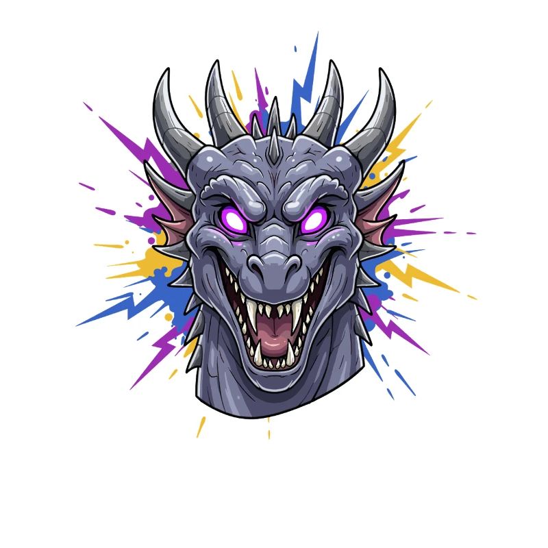 Neon Dragon Head with Paint Splashes