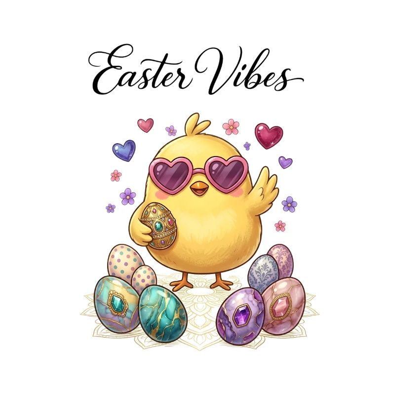 Cute Cartoon Easter Chick with Pastel Eggs Heart