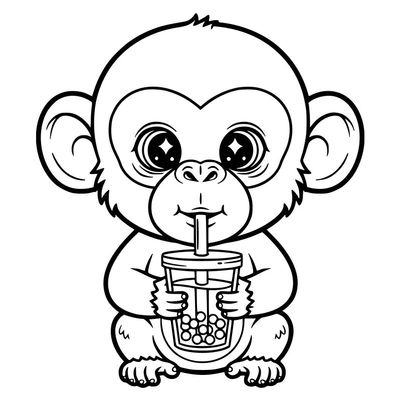 Cute Monkey with Bubble Tea Line Art Design
