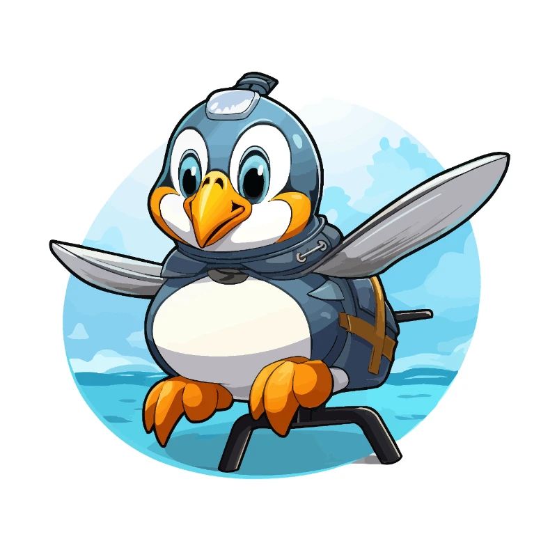Flying penguin with backpack