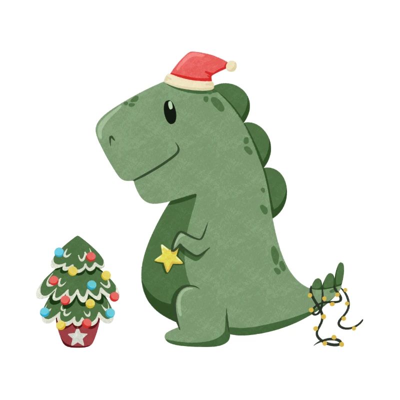 Cute dinosaur decorating his Christmas tree