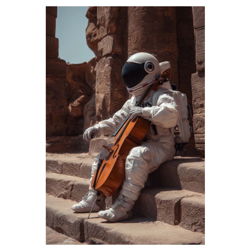 Astronaute avec violoncelle sur des marches antiques