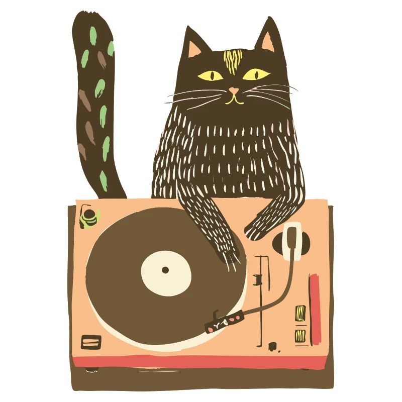 Cat DJ on Vinyl Turntable