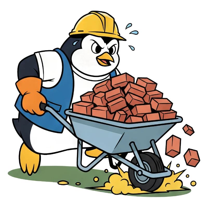 Cute penguin craftsman construction worker construction site