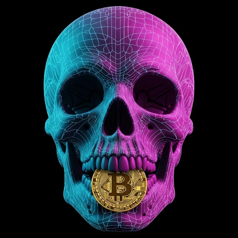 Bitcoin Skull Wireframe Design Cyan Magenta